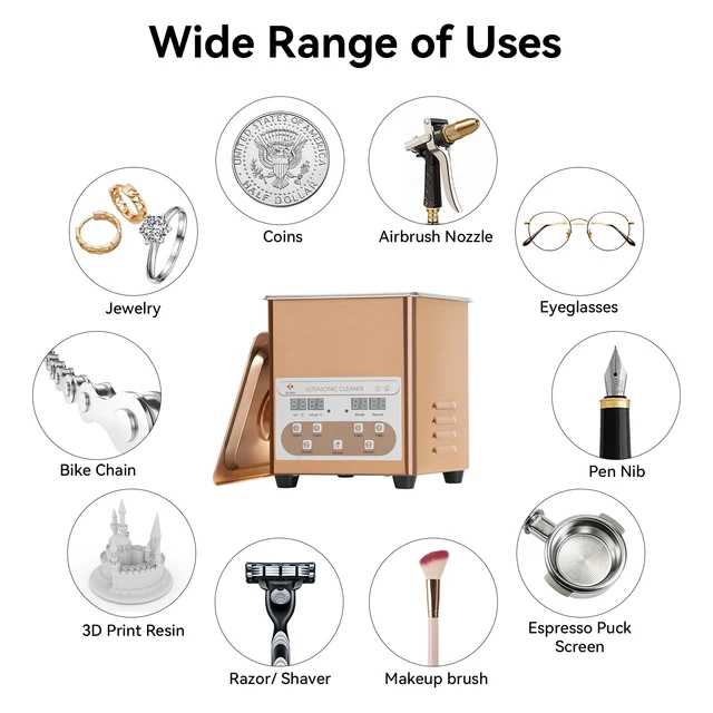 เครื่องทําความสะอาดอัลตราโซนิก 40kHz, ถังอัลตราโซนิก 2 ลิตร, เครื่องทําความสะอาดเครื่องประดับ, แว่นตา, เหรียญ, นาฬิกา, ตัวกรองเครื่องกาแฟ, โซ่จักรยาน, ชิ้นส่วนขนาดเล็ก ฯลฯ 5
