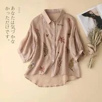 Summer Seven Point Cotton Linen Embroidered Shirt for Women 2024 New Literary Loose Temperament Lapel Casual Top for Women - Image 3