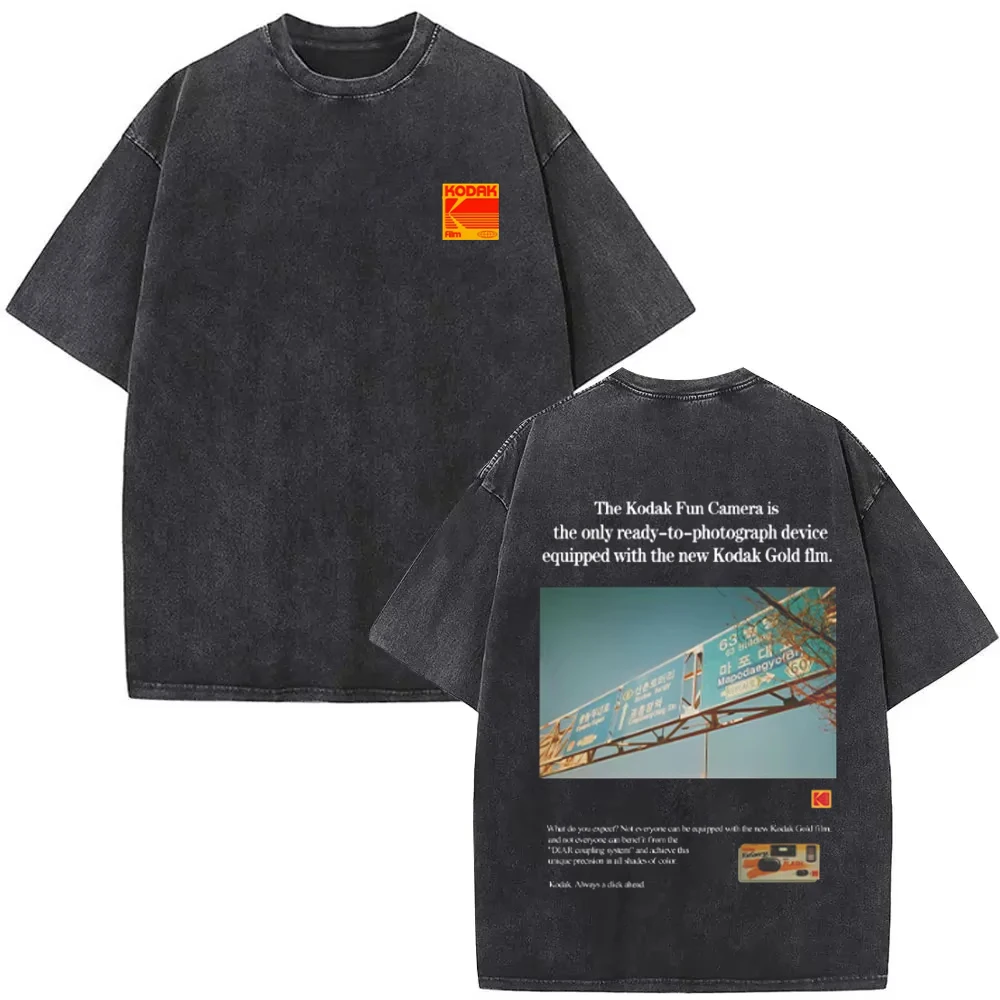 2026 Washed Black Kodak Billboard Photo Vorder- und Rückseitendruck T-Shirt Koreanische Streetwear Baumwolle Oversized Retro Tops Herren Damen Freizeitkleidung