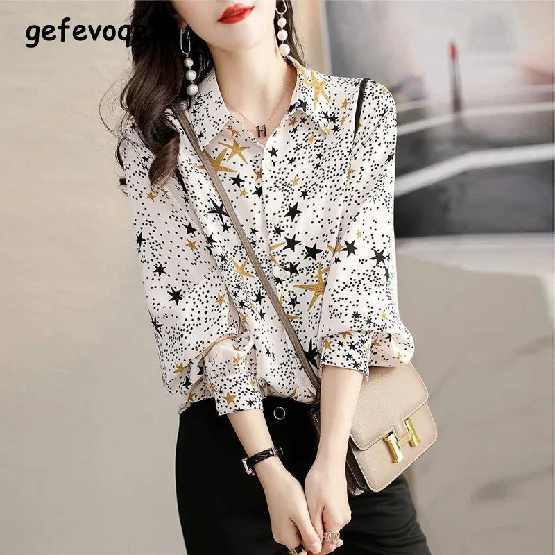 

Star Print Simple Casual Office Lady Commute Button Up Shirt Fashion Turn Down Collar Long Sleeve Loose Blouse Top Women Blusas