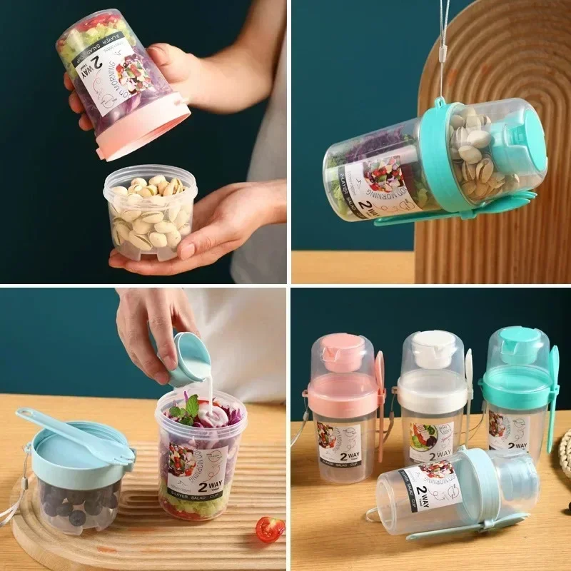 2Tier Salad Cup Breakfast Fruit Oat Yogurt Salad Cup Spoon Two Layer Food Portable Fitness Weight Reducing Food Storage