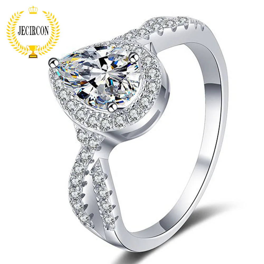 JECIRCON Women Ring 925 Sterling Silver Moissanite Water Drop European and American Luxury Ring 1ct D Color Diamond Wedding Band