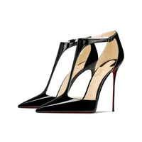 Black patent leather T-belt bag with nightclub sexy 12cm ultra-fine heel pointed party European and American high-heeled sandals - Image 2