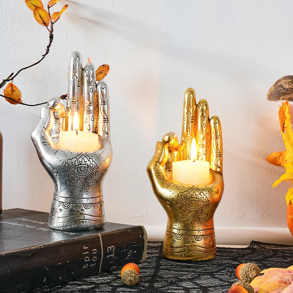 1PC,Halloween party resin material, left hand with three fingers, Sun and three fingers decorative statue