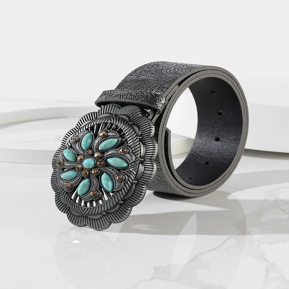 

Grey ancient silver carved flower shape with blue decoration PU waistband straight