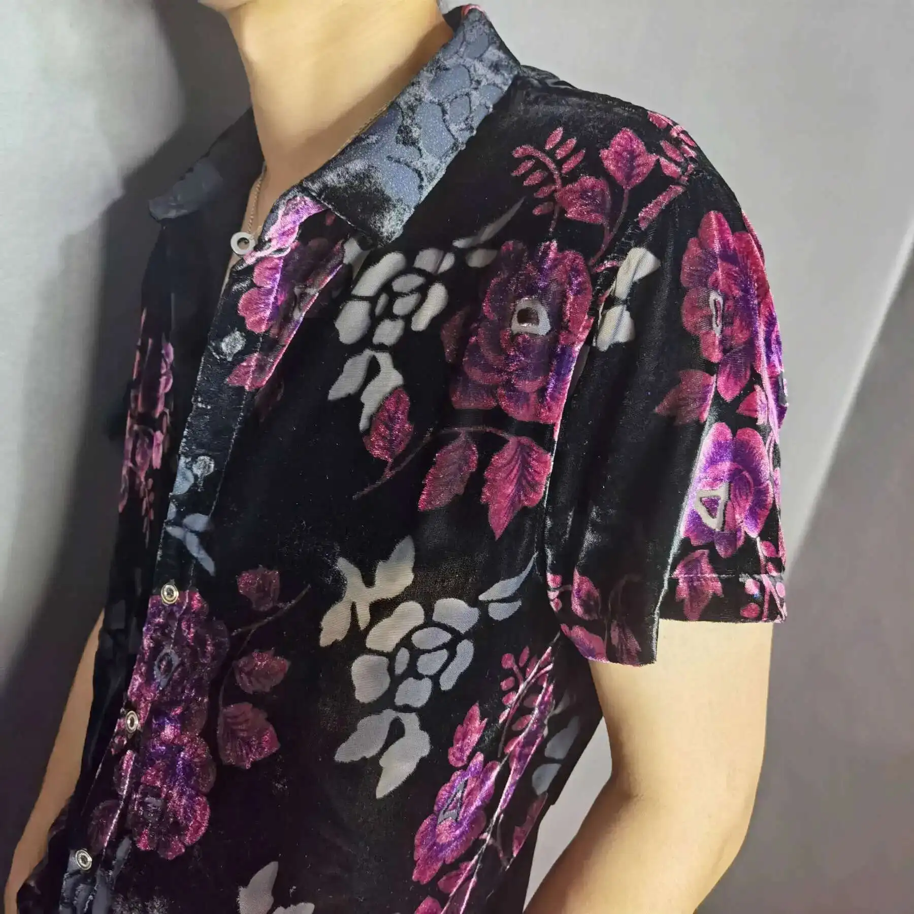 Fashion Transparent Floral Shirt Masculine Velvet Slim-fit Shirt Mens Short-sleeved Clothing See-through Nightclub Purple