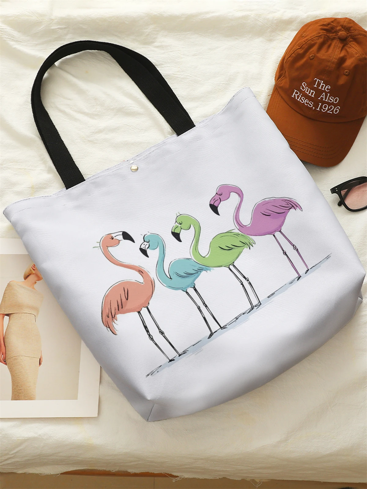 1pc，Flamingo patterned handbag, reusable fashionable handbag, multifunctional handbag, printed canvas shopping bag