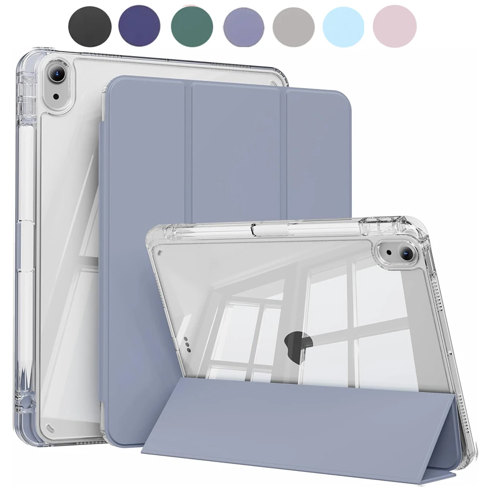 Sleek Transparent Acrylic Back Cover Trifold Stand Tablet Case with Pen Slot