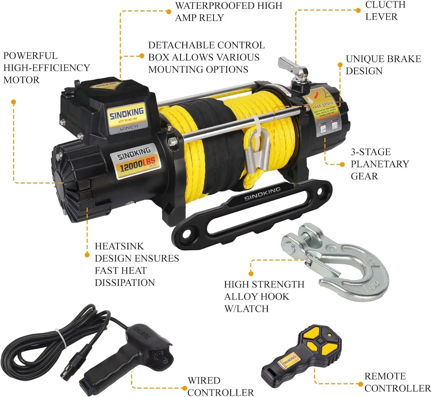 12V Electric Winch 12000 Lb. Waterproof Synthetic Rope Offroad Winch with Wireless Remote Control for 4WD Vehicle