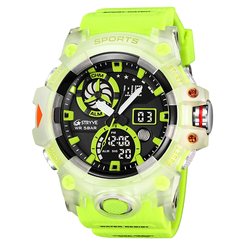 STRYVE Brand Men Sports Watches Dual Display Analog Digital LED Electronic Quartz Wristwatches 50m Waterproof Watch 8027