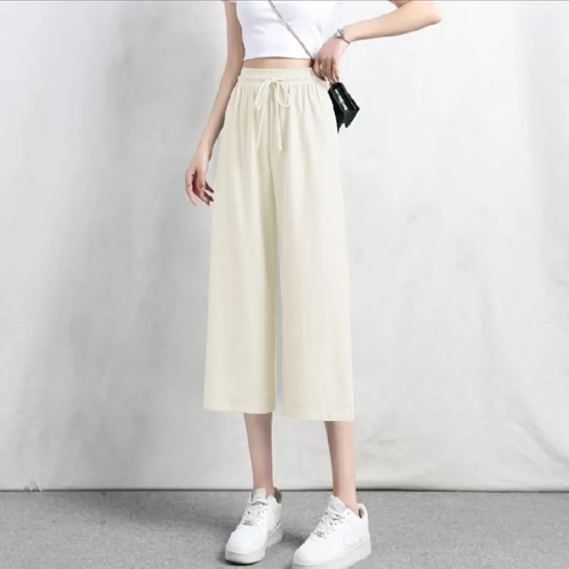 2023 Summer New Women's Imitation Ice Silk Capris Casual Wide Leg High Waist Fashion Korean Versatile Loose Solid Color Pants