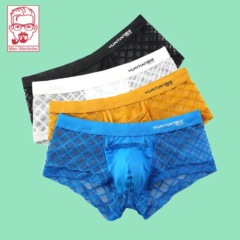 Men's Underwear Breathable Sexy Pure Color Lace Mid-Waist Boys Flat shorts  Fashion sexy and transparent Large size men's boxers