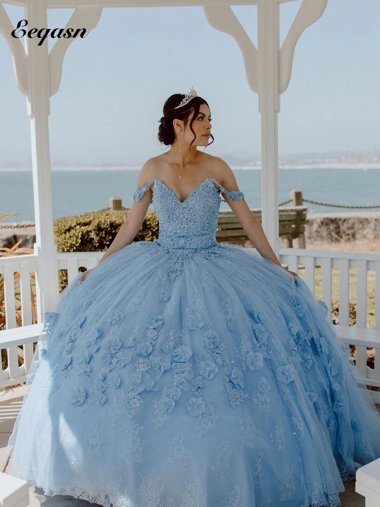 Sky Blue Puffy Quinceanera Dress 3D Flowers Sweet 16 Dresses Ball Gowns Princess Vestidos De 15 Años Lace-Up Party Gown