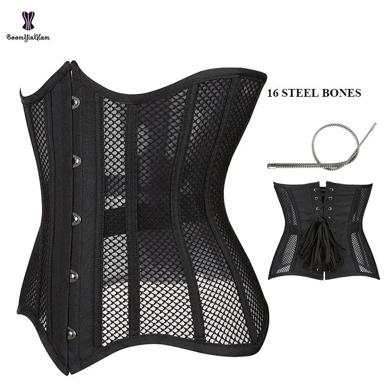 Front 5 Busk Closure 16 Steel Boned Korsett Women's Waist Training Corset Underbust Mesh Net Body Shaper Plus Size XS-6XL