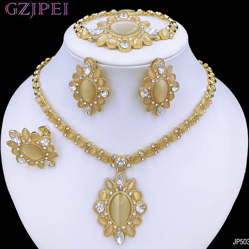 

Vintage Opal Jewelry Set Elegant Womens Necklaces Earrings Crystal Pendant Luxury Design Jewelry Bride Wedding Party Accessories