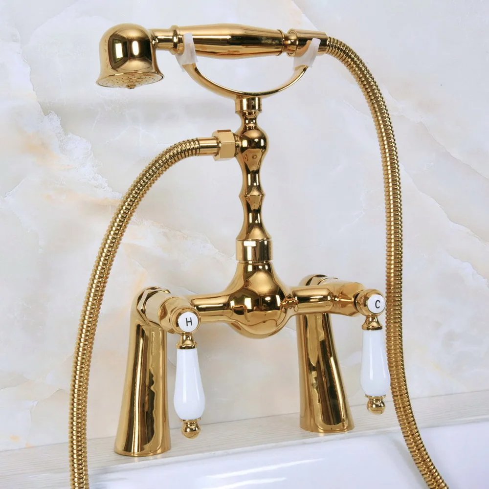 

Polished Gold Brass Double Handle Deck Mount Bathroom Bath Tub Faucet Set with 1.5M Hand Held Shower Spray Mixer Tap 2na137