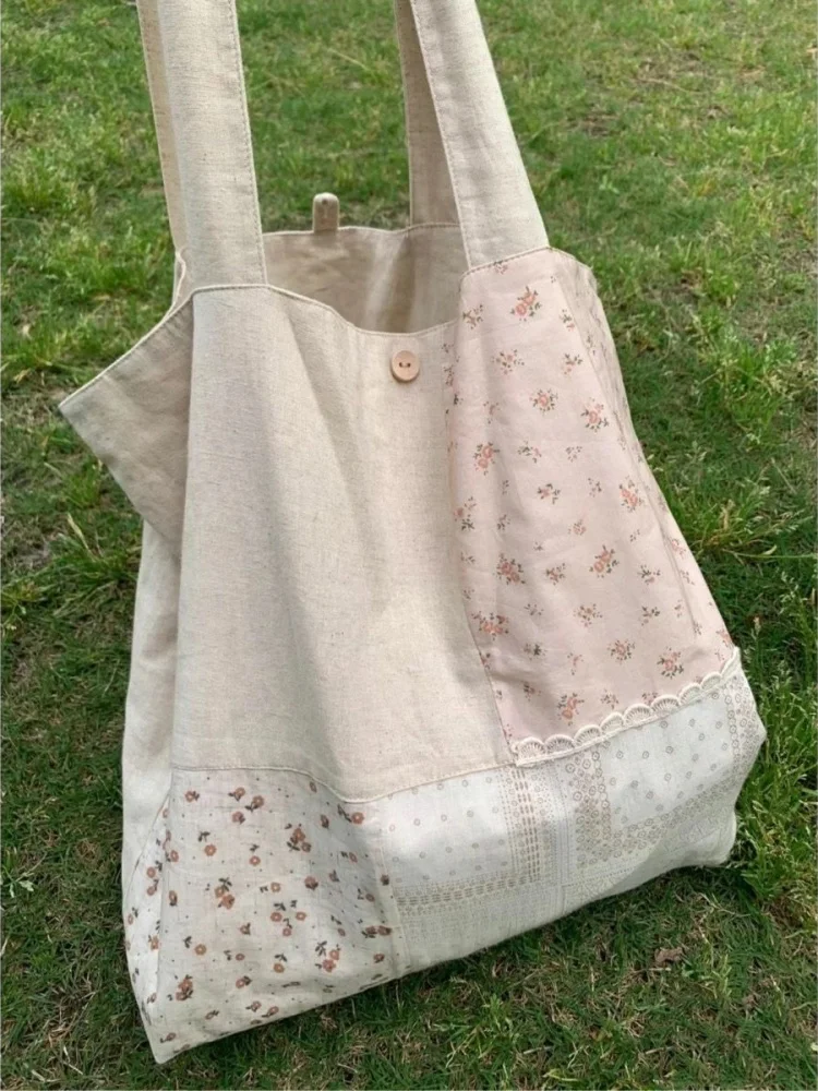 Patchwork Contrast Color Flower Print  Big Capacity Women Fashion Underarm Bag Shoulder Handbags Tote Shopping Bags