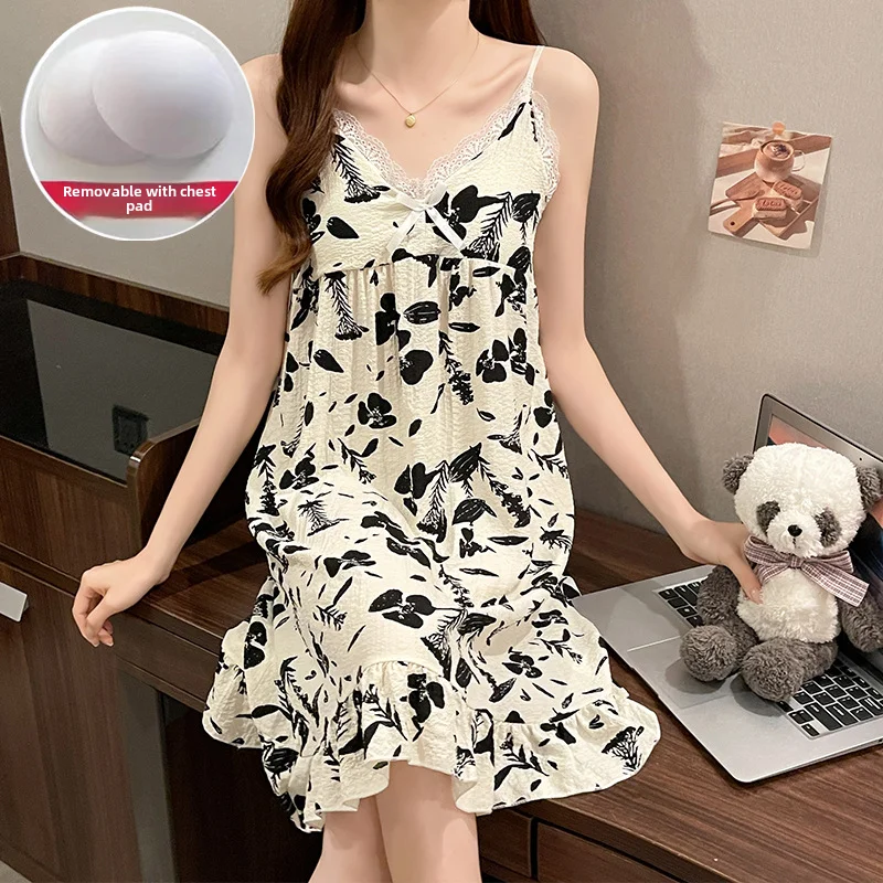 Summer New Tank Top Chest Pad Thin Nightgown Bubble Cotton V-neck Pure Desire Aesthetic Sexy Loose-fit Homewear For Women