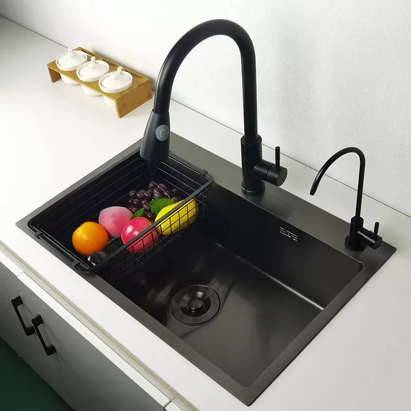 New Luxury Matte Black Kitchen Sink Above Counter or Under Mount Vegetable Washing Basin Sinks Dark Grey Kitchen Accessories 3