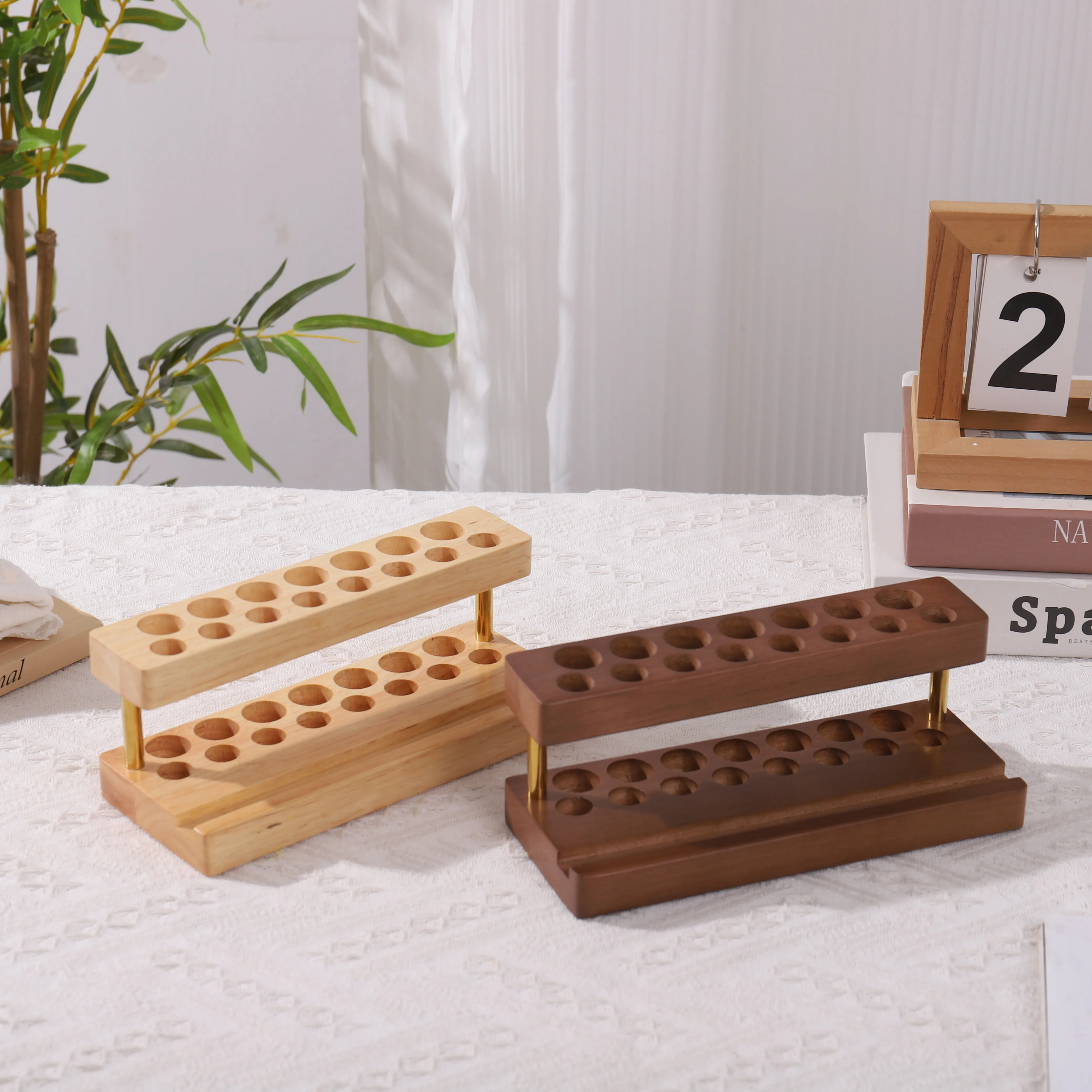 Wood Pen Holder 9 Slots Cell Phone Stand Aesthetic Organizer Natural Wood Grain Pen Stand Minimalist Office Decor 6