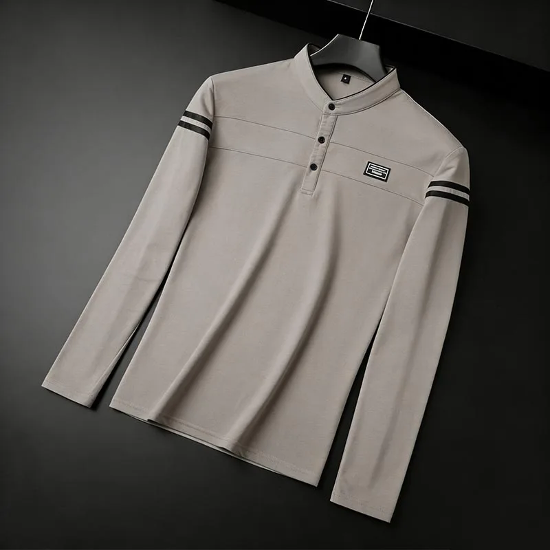 Herren Schwarzes Langarm-Poloshirt mit Stehkragen, Knopfleiste und Gestreiften Ärmeln für Alltägliche Freizeitkleidung – Detail 22