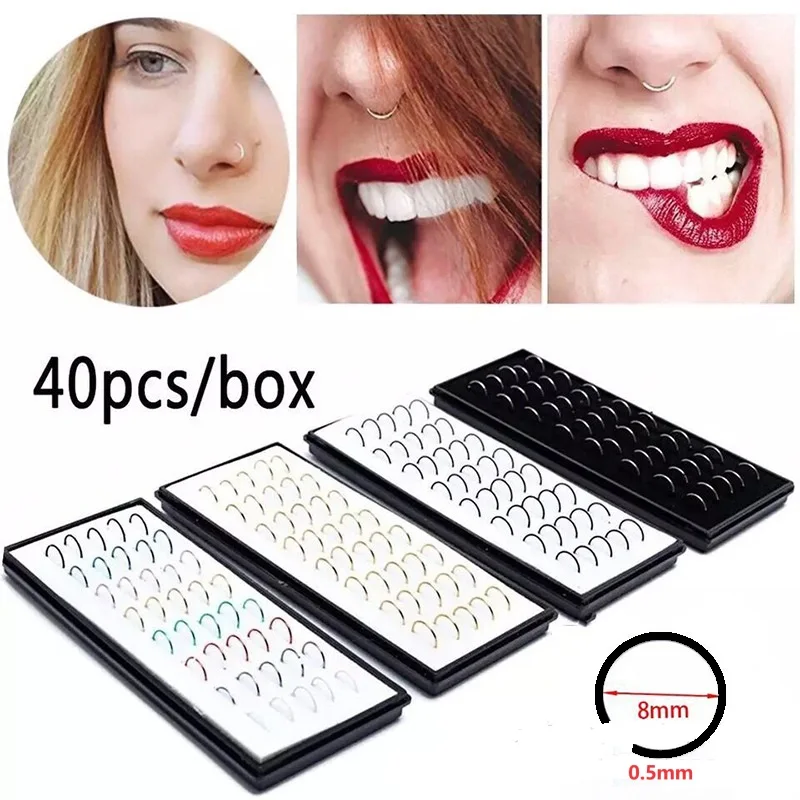 40 шт./коробка, разноцветные кольца для носа, 0,5 мм