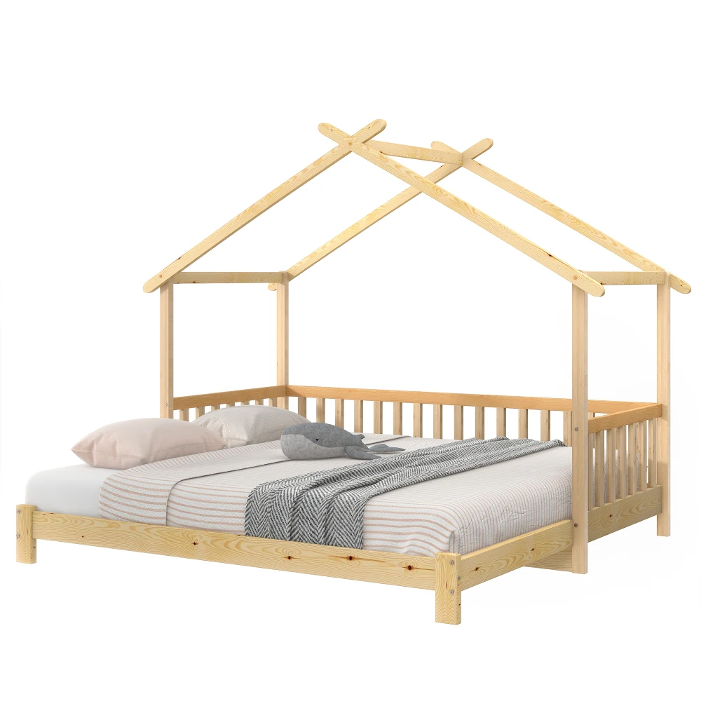 Ausziehbares Baumhausbett, Kinderbett, Einzel- und Doppelbett, Schlafzimmermöbel aus reinem Massivholz, Natur (90 x 200 cm und 180 x 200 cm) – Detail 8