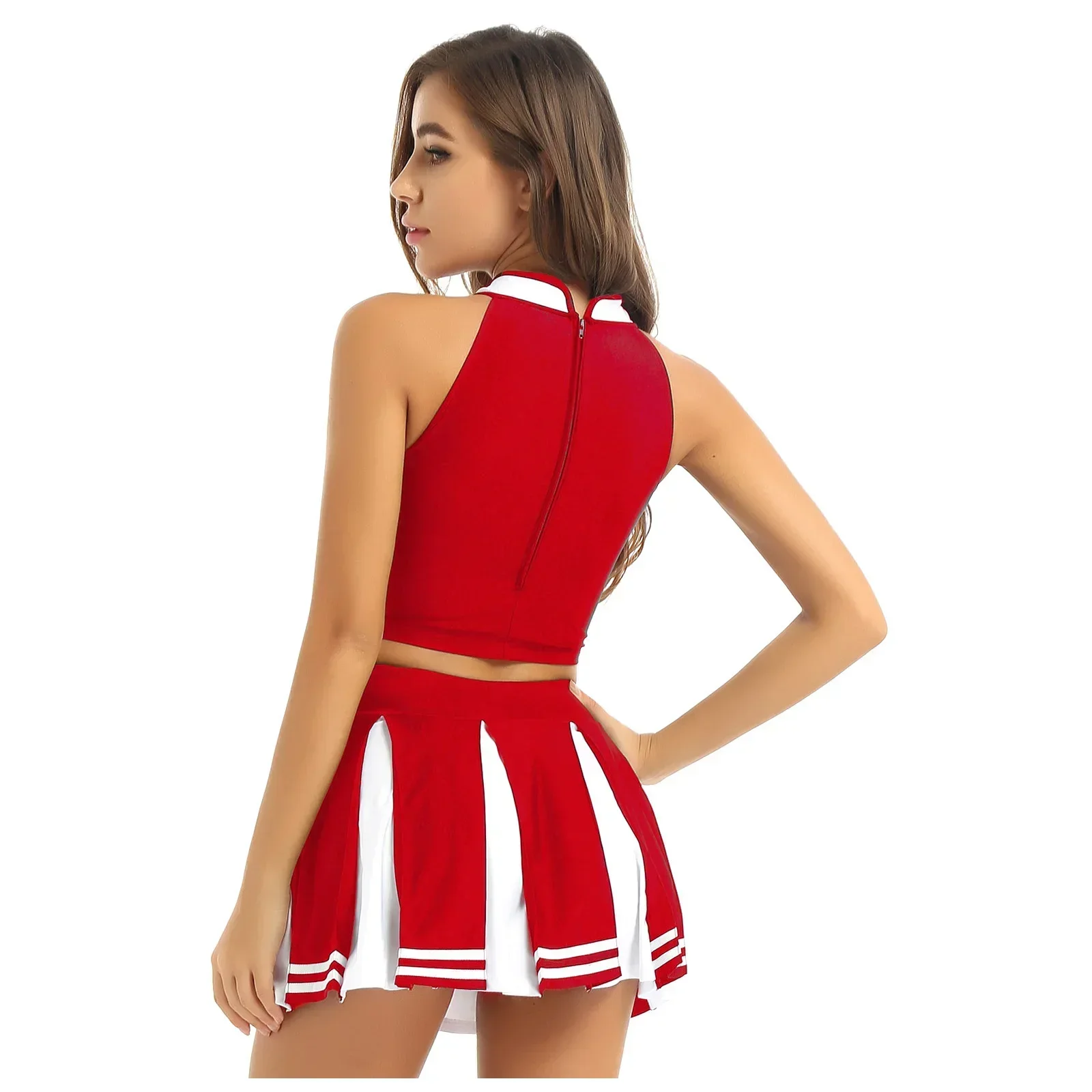 Costume di carnevale 2 pezzi Donna Adulti Cheerleader Uniforme Cosplay Outfit Crop Top con minigonna Halloween Fancy Dress Up Party - immagine 3