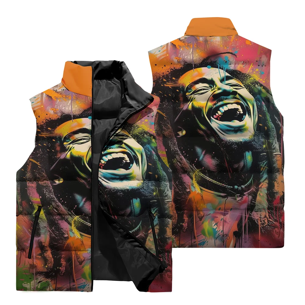 thumbnail image 1 of Chaqueta sin mangas con estampado 3D de Bob Marley Singer para hombre, para deportes al aire libre, estilo hip hop callejero, clásica, con cuello alto y cremallera, 1 of 5