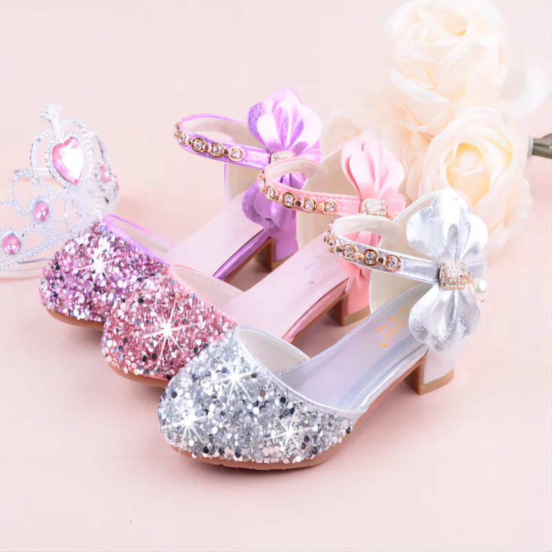 Girls High Heel Shoes Girls Shoes Girls Bow-knot Princess Shoes With High-heeled Kids Glitter Dance Performance Summer Shoes 26-38