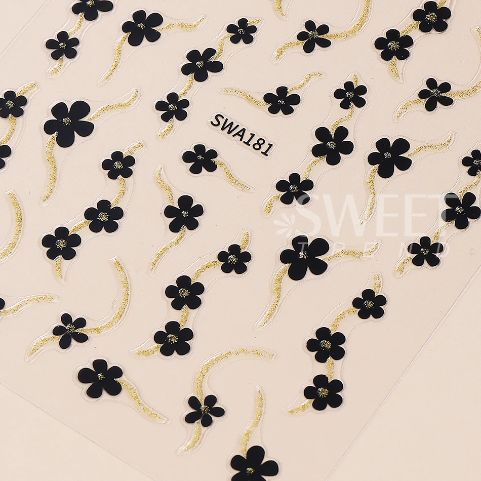 2pcs Black White Flower Nail Stickers Gold Silver Line Petals Florals Simple Adhesive Nail Decals DIY Manicure Decoration Slider