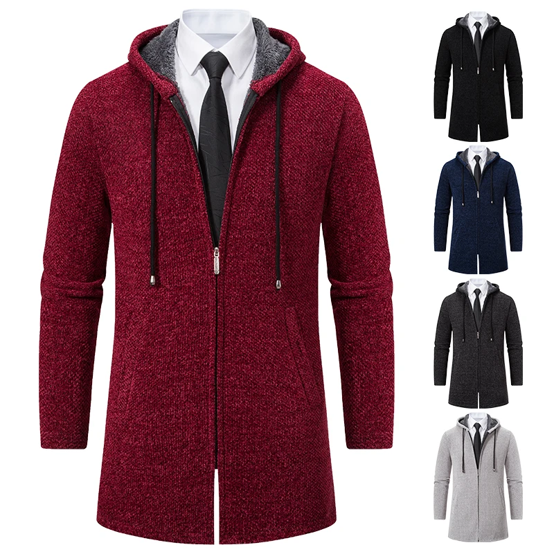 Men's Long Trench Coat Winter Fleece Long Jacket Knitted Sweater Luxury Designer Y2K High Quality Korean Style Hooded Cardigan