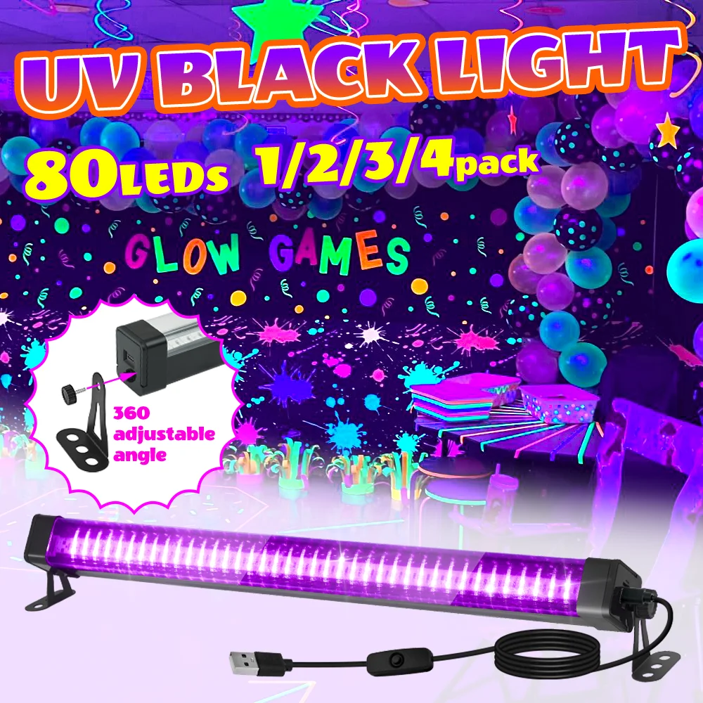 หลอดไฟ LED สีดํา 80 หลอด - พร้อมสวิตช์ หมุนได้ 360 องศา หลอด UV สําหรับงานปาร์ตี้เรืองแสง ศิลปะบนเรืองแสง วันฮาโลวีน วันหยุดคริสต์มาส 1