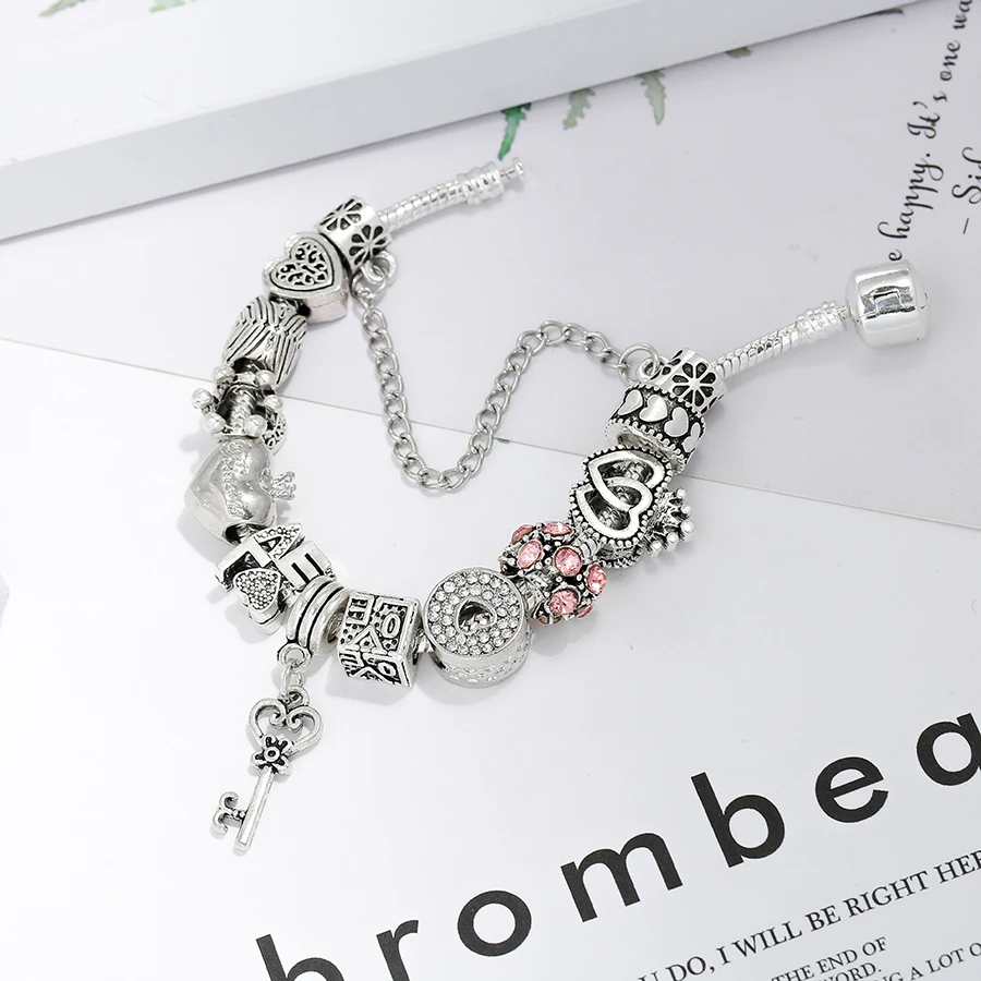 Bracelet Jewelry Heart Key Pendant Charm Beaded Bracelet For Women Girls Princess Crown