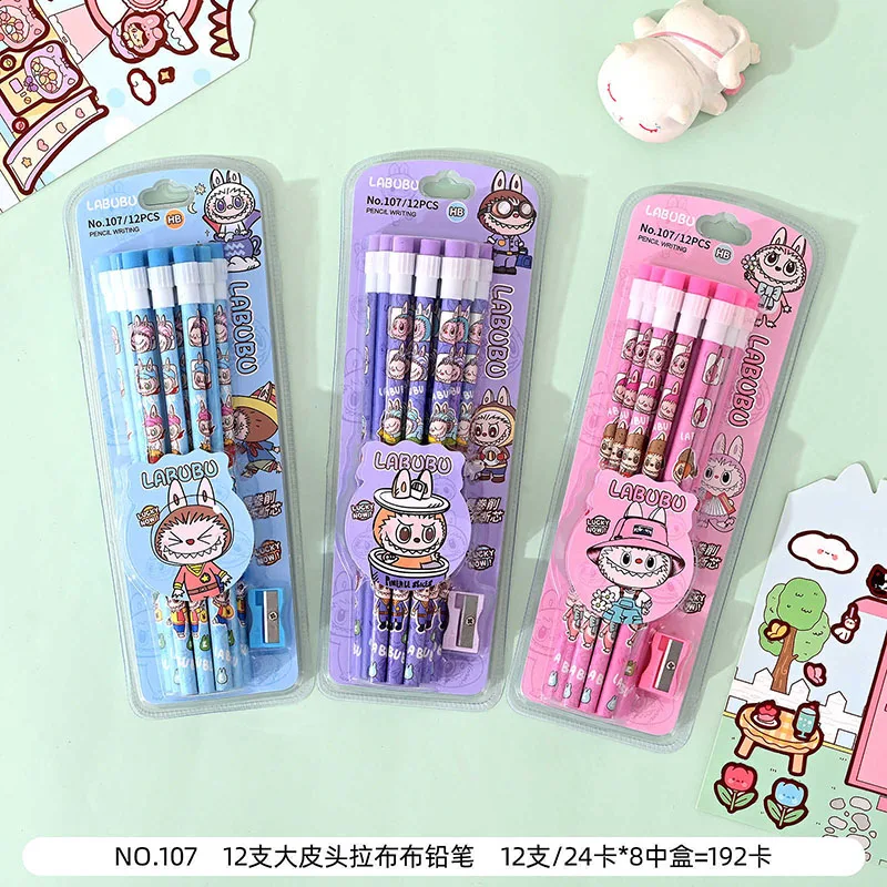 Labubu Anime Erasable Pencil Set – 12pcs Student Stationery with 0.5mm Refill & Break-Resistant Lead, Perfect Gift 1