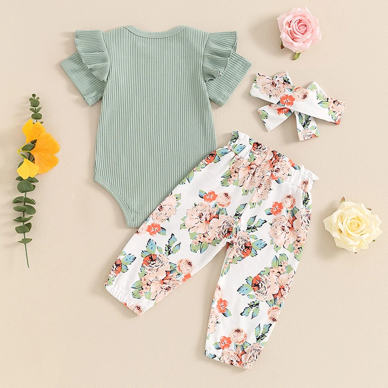 여름철  여아 의상, 레터 프린트 반팔 롬퍼, 꽃 프린트 바지, 머리띠 의류 세트