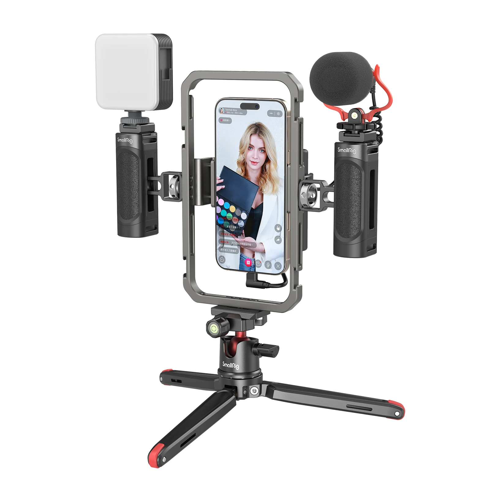 Universal Phone Video Rig Kit for iPhone, Smartphone w Tripod Mic LED Light Side
