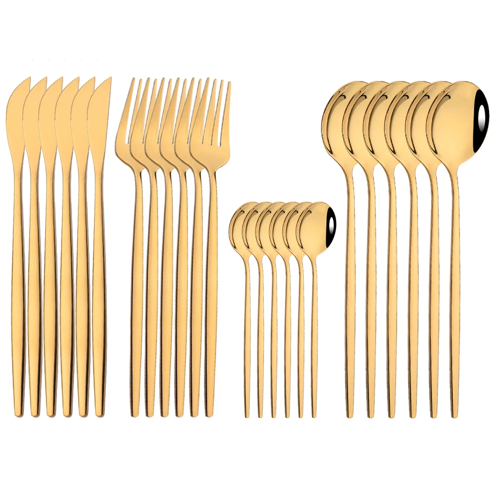 24Pcs Mirror Gold Dinnerware Cutlery Set Stainless Steel Kitchen Flatware Knife Fork Coffee Spoon Home Tableware Silverware Set cutlery set western style cutlery set stainless steel cutlery set