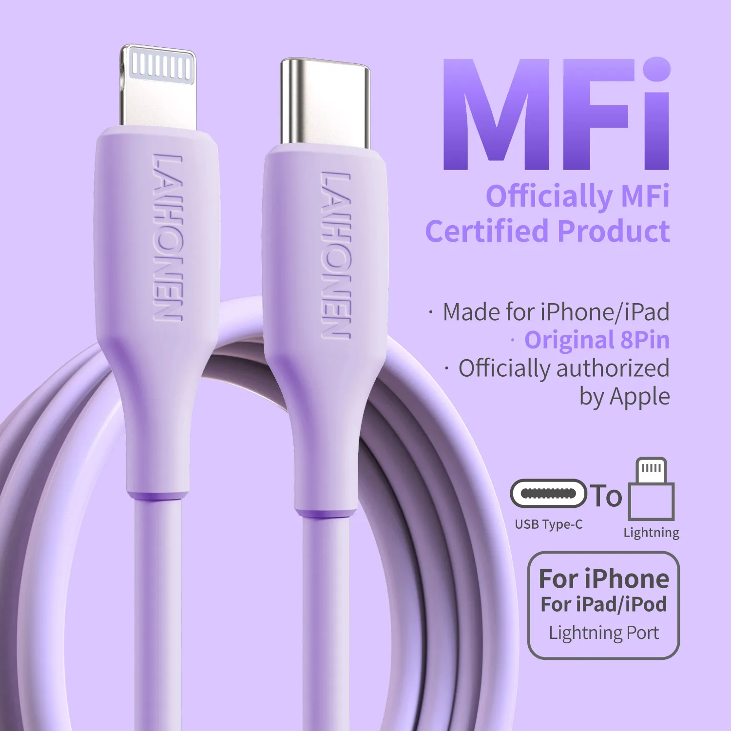 2PCS 27W PD 고속 충전 케이블 USB-C에서 라이트닝 실리콘 데이터 케..