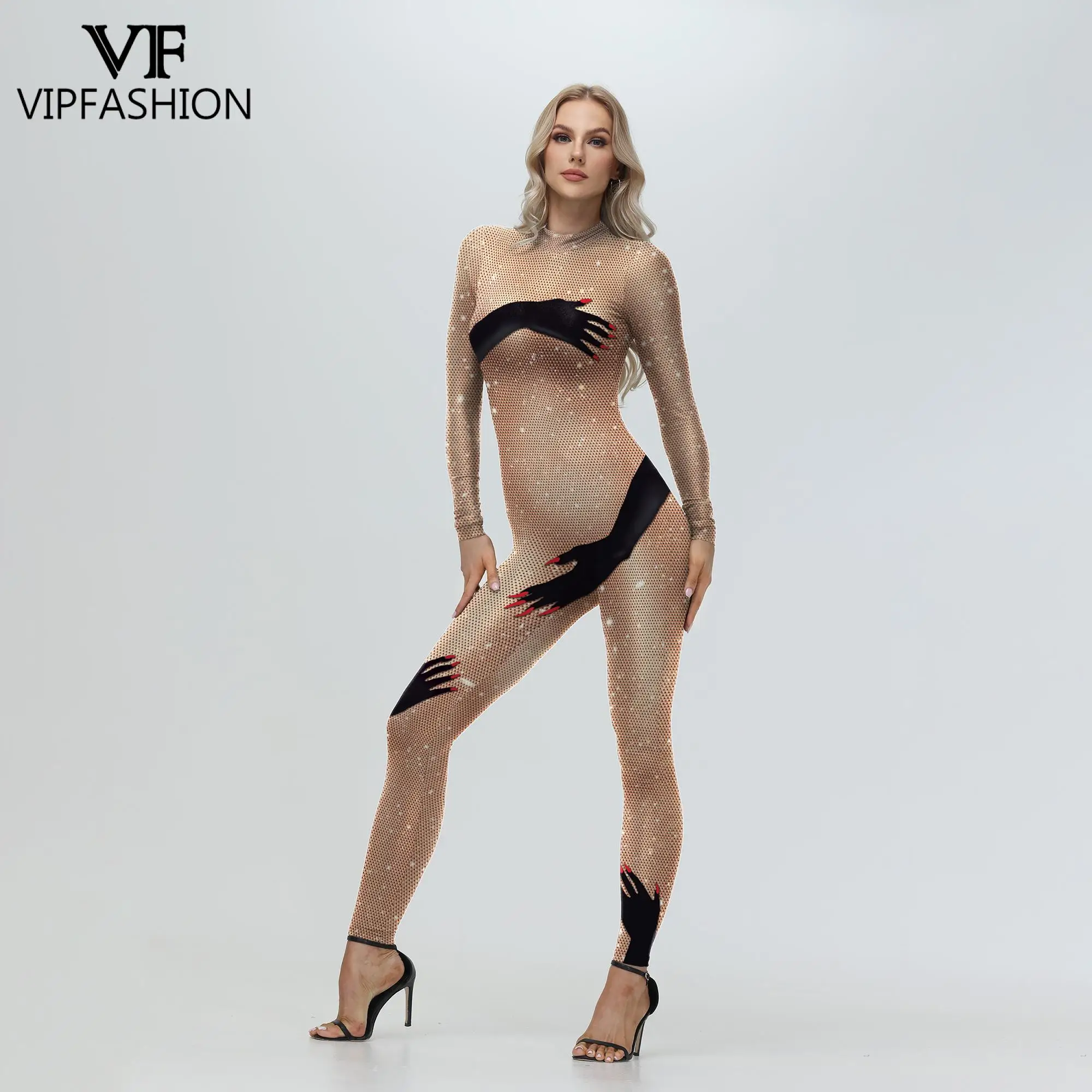VIP FASHION Rhinestone Print Jumpsuit for Women Sexy Party Bodysuit Festival Party Catsuit Red Black Skin Color Lady Zentai Suit