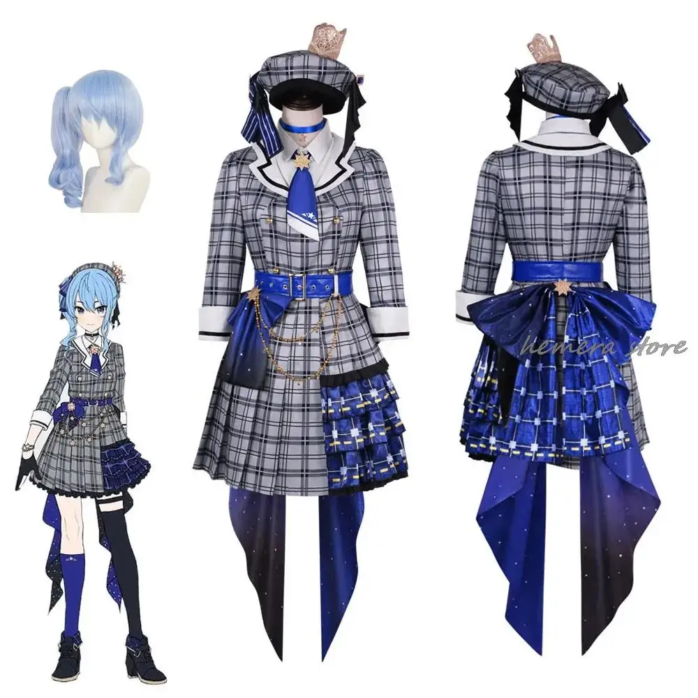 

Hololive YouTuber Japanese Virtural Hoshimachi Hosimati Suisei Outfits Anime Cosplay Costumes Cute Girl Lolita Plaid Dress 2 Wig