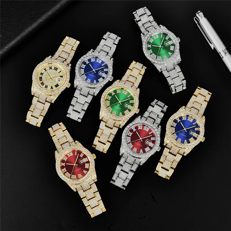 Cool Diamond Watches For Men Hip Hop Luxury Brand Fashion Alloy Band Golden Gifts Date Quartz Clock Relogio Masculino Ouro 2024