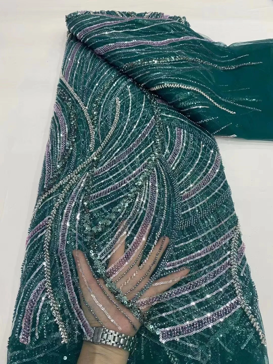 

African Green Lace Fabric 2023 High Quality French Mesh Fabric Embroidery Beads and Sequins Beaded Lace Fabric for Wedding Dress
