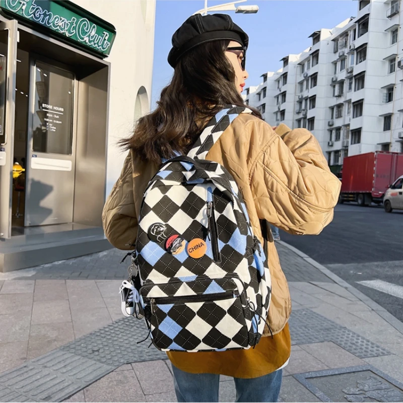 

2022 New Women's Nylon Backpack for Cute Girls Plaid School Bag Large Capacity Travel Rucksack Ladies Anti Theft Canvas Mochila
