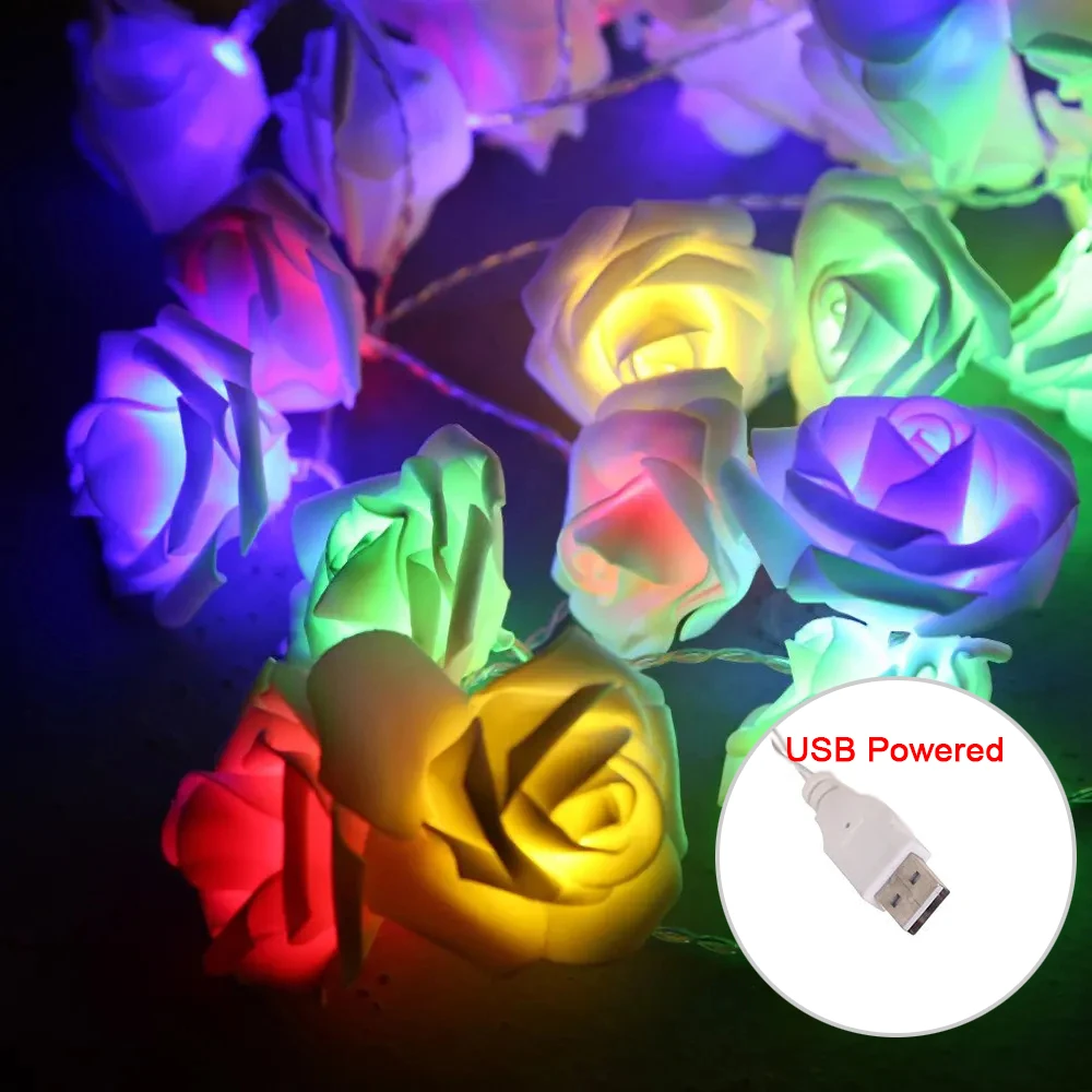Rose Flower LED String Fairy Light Red Pink Warm Blue RGB Wedding Christmas Party Decoration 1.5m 3m 6m 10m 5V USB/Battery Power