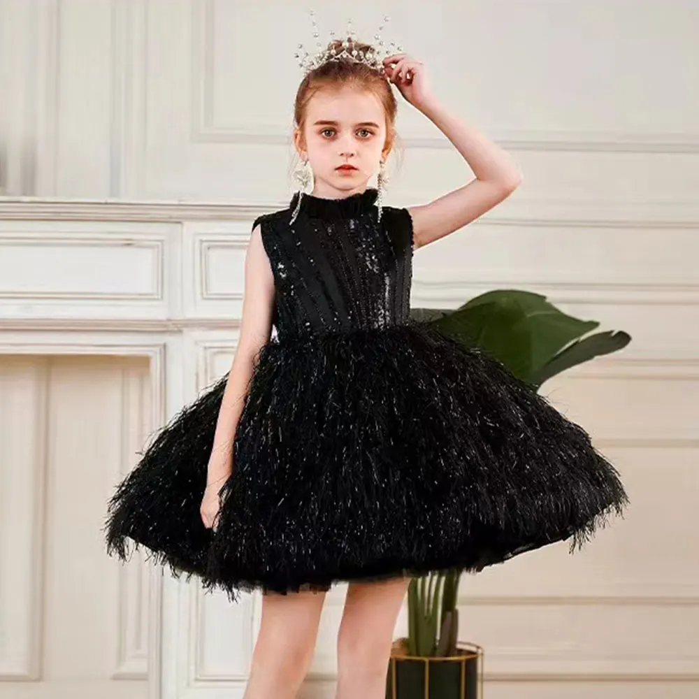 

Jill Wish Sparkly Black Arabic Girl Dress Feathers Baby Kids Princess Birthday Wedding Party Children Holiday Gown 2024 J175