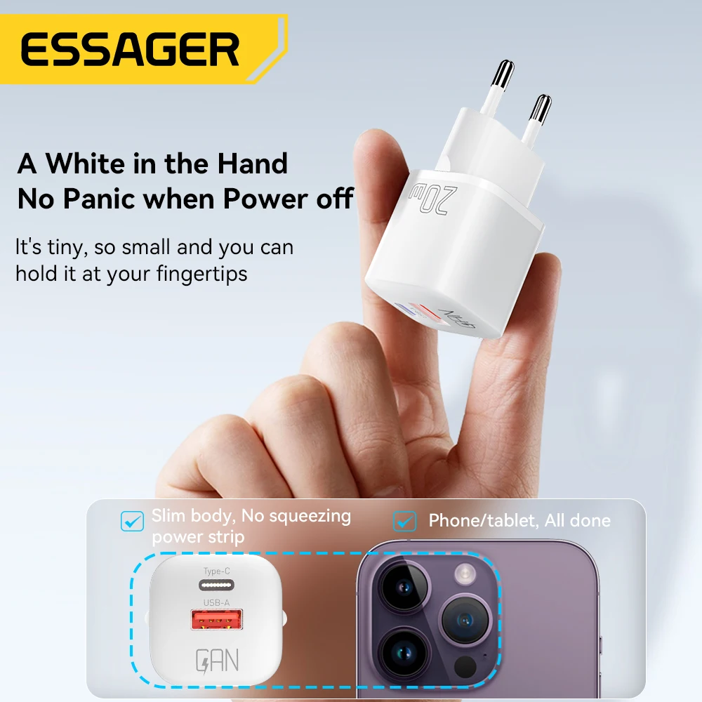 Essager 20W GaN USB Type C Charger PD Fast Charge Phone QC 3.0 Quick Chargers For iPhone 14 13 12 11 Pro Max Mini iPad Charging — view 3