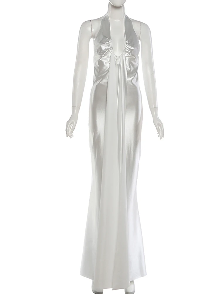 Nibber Banquet Halter Satin Dress Women Elegant Sexy Ruched Backless Low Neck Party Gown Clubwear Stretch Trend Long Bodycon