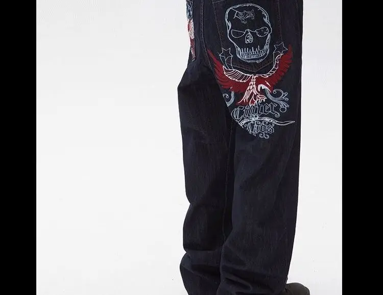 Description Picture 6 of itemAmerican Skull Embroidered Loose Casual Jeans Embroidered Baggy Jeans Denim Men Women Goth High Waist Wide Trousers Y2k Pants