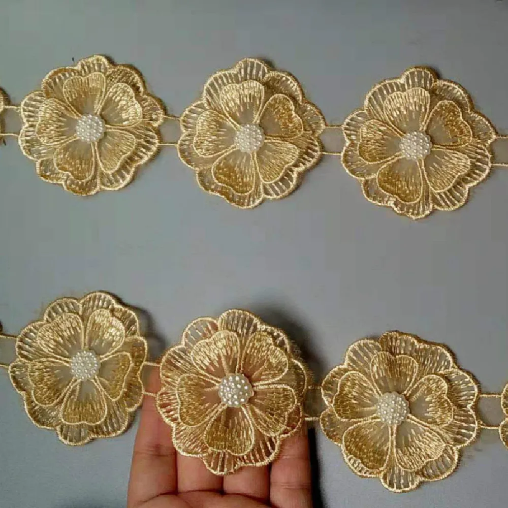 Gold Pearl Beaded Embroidered Flower Lace Trim Floral Applique Patches Fabric Sewing Craft Vintage Wedding Dress 1 yard lace fabric lace sewing accessories lace sewing supplies lace accessories lace decoration clothing craft accessories sewing patches sequined flower patches